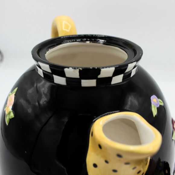 Vintage Mary Engelbreit Teapot Ceramic Cottage Rose Black White Check Design - Picture 7 of 7